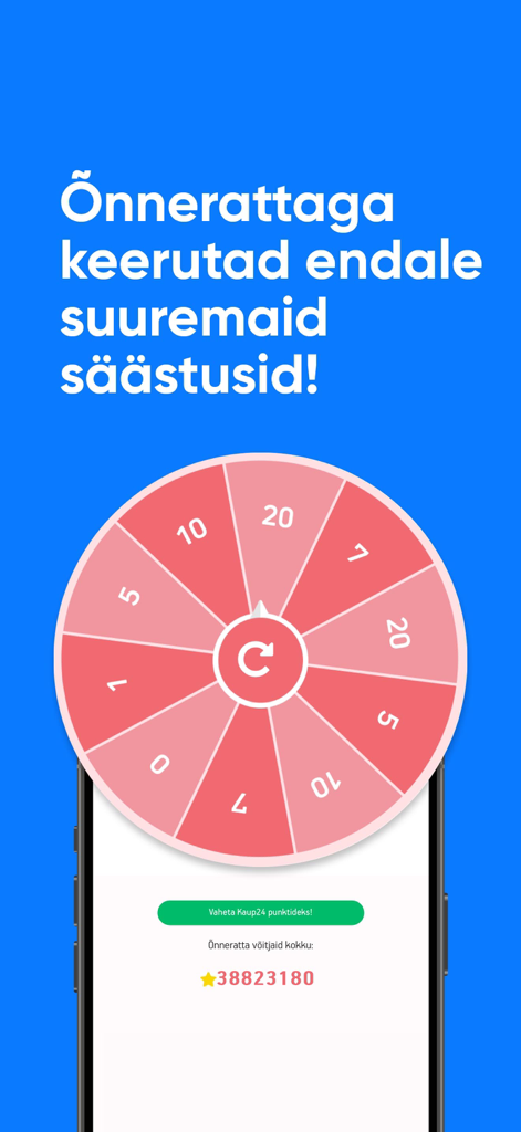 Kaup24.ee Mobiilne e-pood - Promotional screen of the Kaup24 app featuring a pink lucky wheel to win shopping rewards and savings.