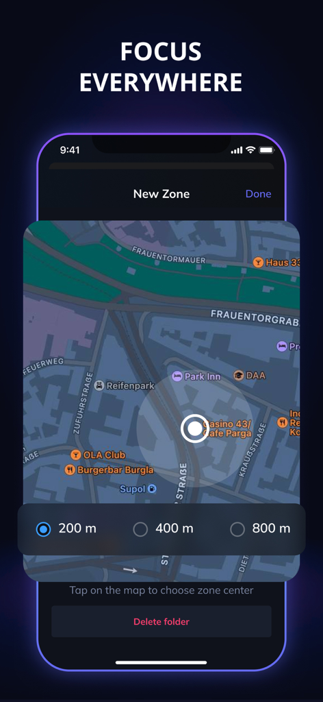 Shade: App Lock & Blocker - Uma tela de smartphone mostrando o recurso Zonas Inteligentes do aplicativo Shade onde um usuário pode selecionar um local em um mapa para bloquear automaticamente aplicativos que distraem.