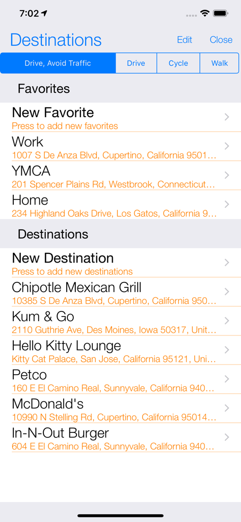 Back Seat Navigator - Back Seat Navigator app screen showing a list of favorite and recent destinations with navigation mode options.