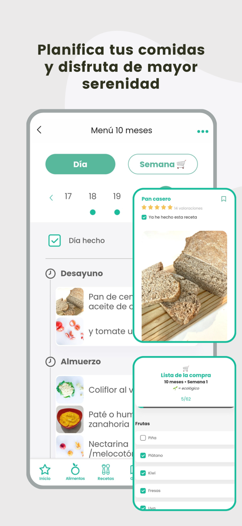 BLW Ideas Recetas Bebés - Interfaz de la app BLW Ideas mostrando planificación de comidas para bebés y una lista de la compra en español.