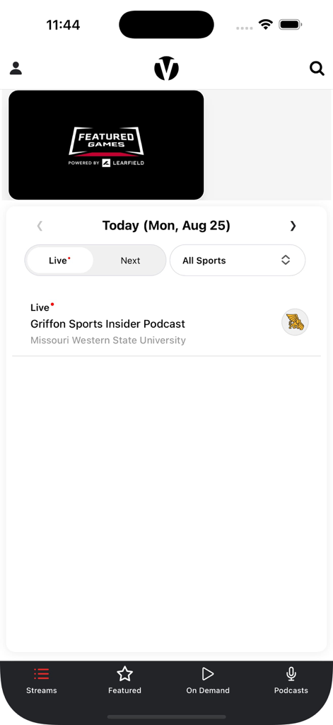 Varsity Network - Interface of the Varsity Network app showing live college sports audio broadcasts