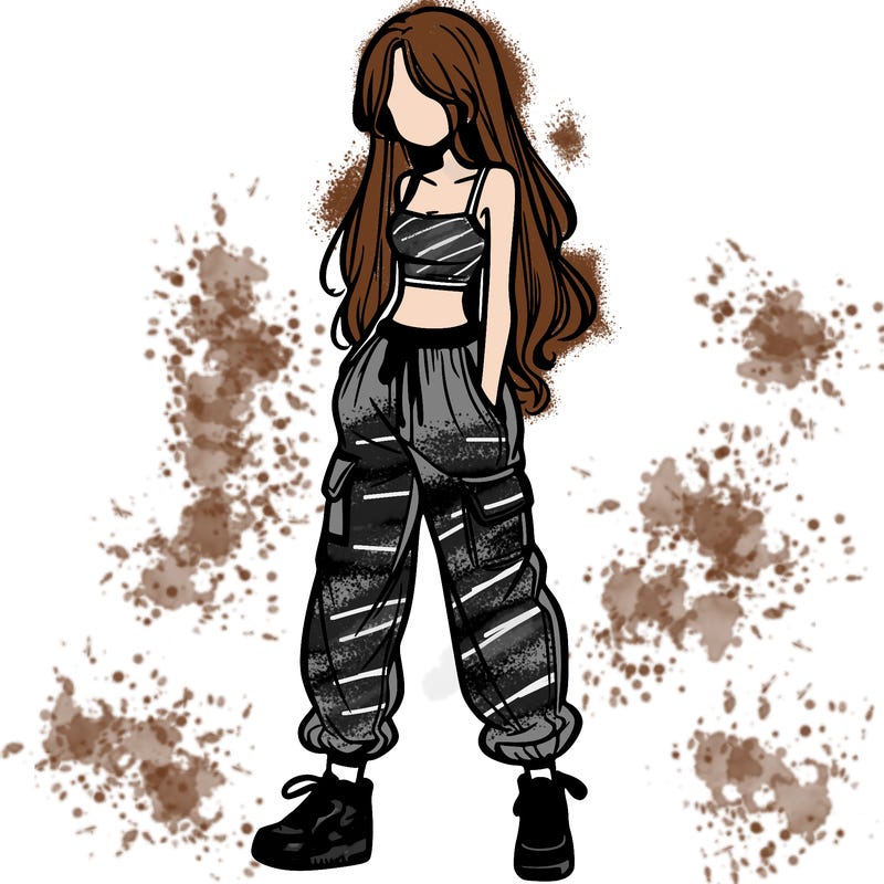 girl in baggy pants crop top and long hair