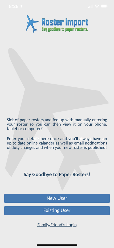 Roster Import app welcome screen for flight and cabin crew