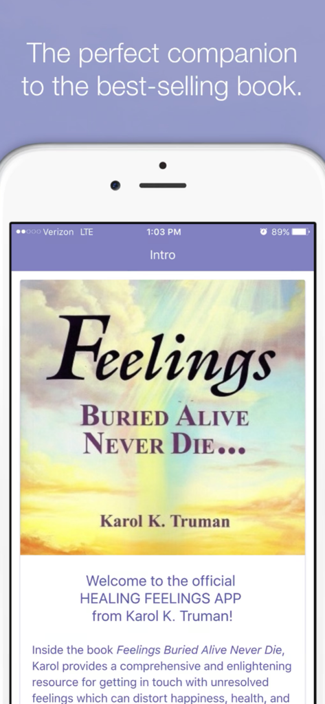 Intro screen of the Feelings Buried Alive mobile app showing the book cover and welcome text