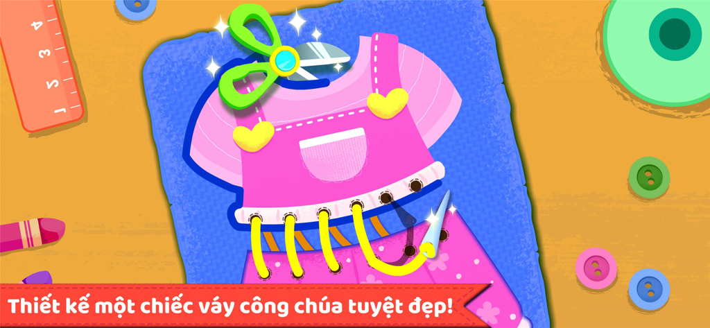 Designing a pink princess dress with virtual sewing tools and buttons.