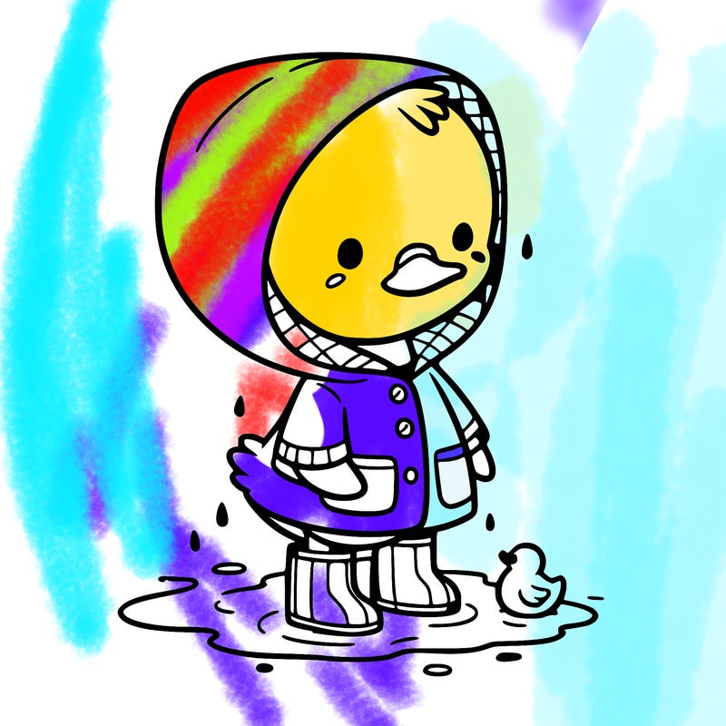 baby duck in a rain coat and boots, in a puddle while it’s raining