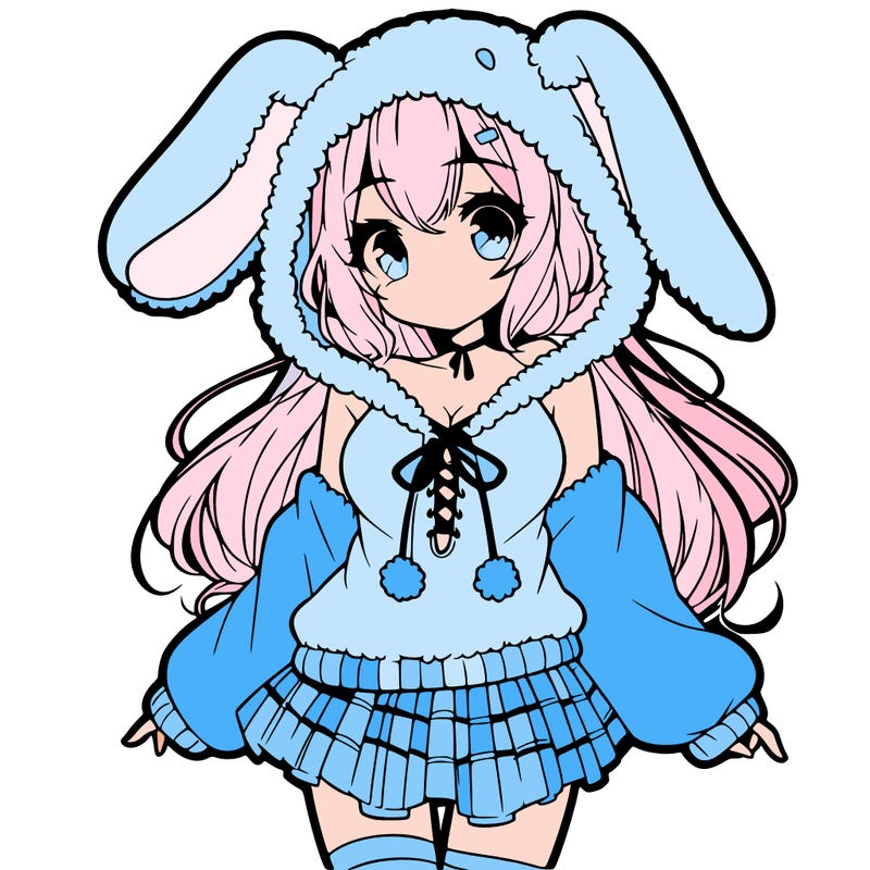 pretty anime girl wearing a fluffy hoodie with bunny ears on the hood and a skirt