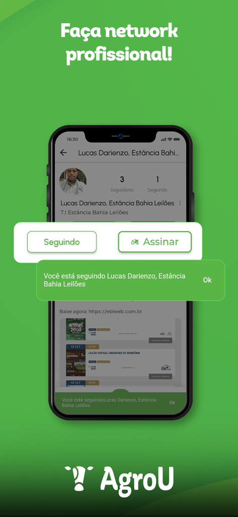 AgroU - Mobile screen of the AgroU app showing a user profile with professional networking options for the agricultural industry