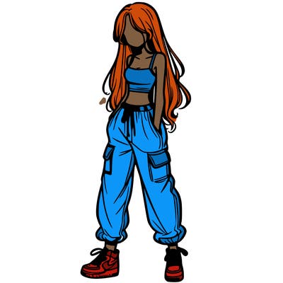 girl in baggy pants crop top and long hair