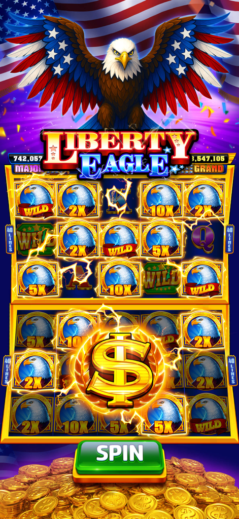 Patriotic Liberty Eagle themed slot machine interface in the Golden Casino app featuring bald eagle symbols and a large green spin button.