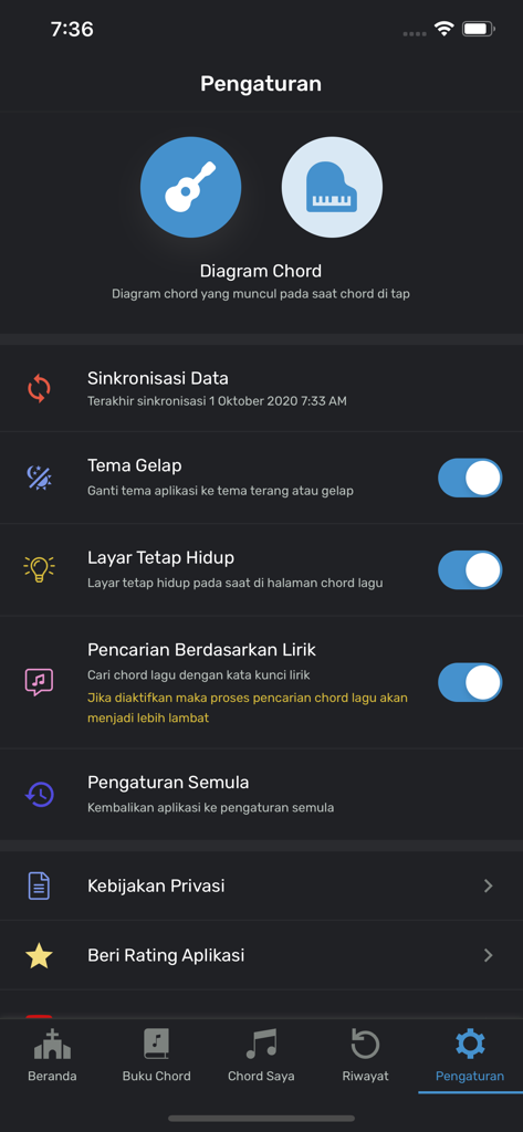 JRChord - The settings interface of the JRChord app with options for dark theme and chord diagrams.