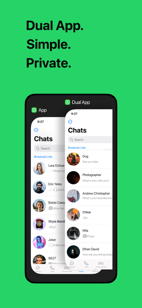 Dual App - Duo Web Scanner - Pantalla de smartphone mostrando la interfaz de Dual App con múltiples ventanas de chat superpuestas para la gestión de cuentas.