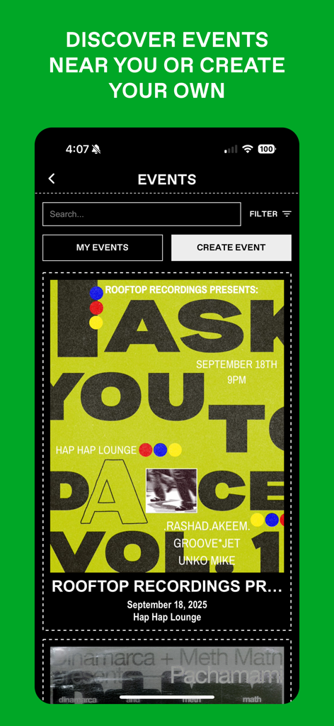 A mobile app interface showing a section for discovering and creating local events with a featured graphic flyer for a dance party.