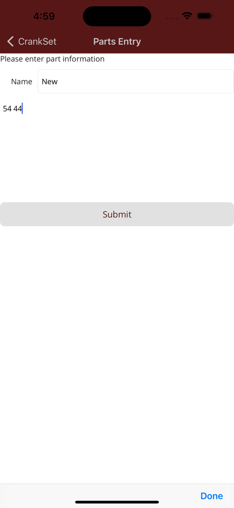 Mobile app screen for entering custom bicycle crankset part data including name and teeth count