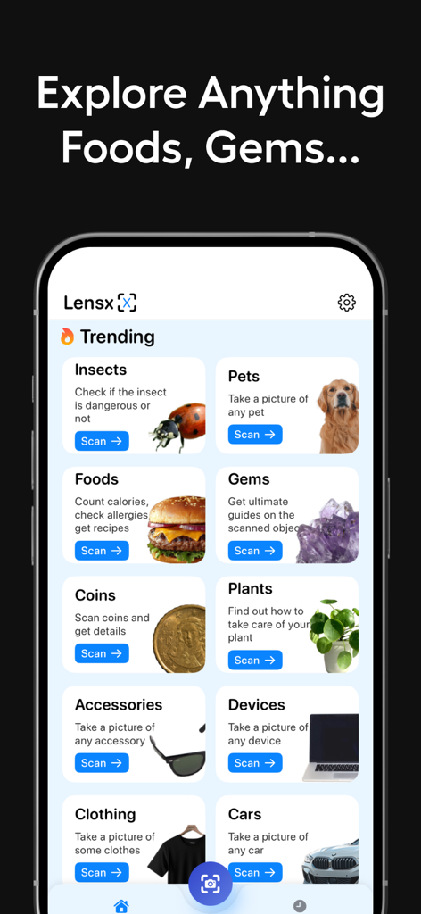 AI Lens & Identifier - AnyScan - AnyScan mobile app interface showing different scan categories like insects food and gems