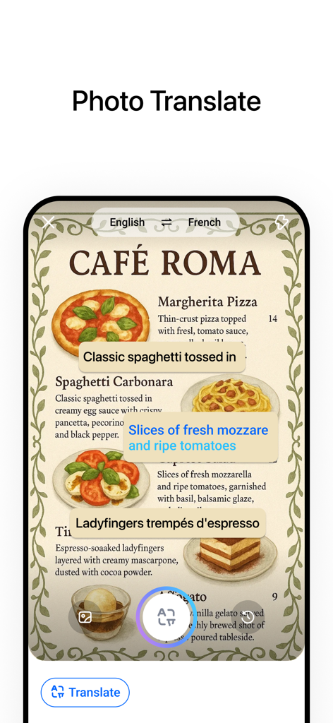 Hi Translate app using camera to translate a restaurant menu in real time