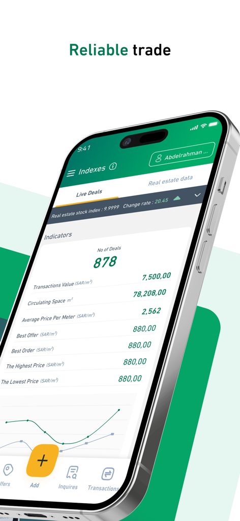 Saudi Real Estate Market mobile app interface showing live deals and property market indicators