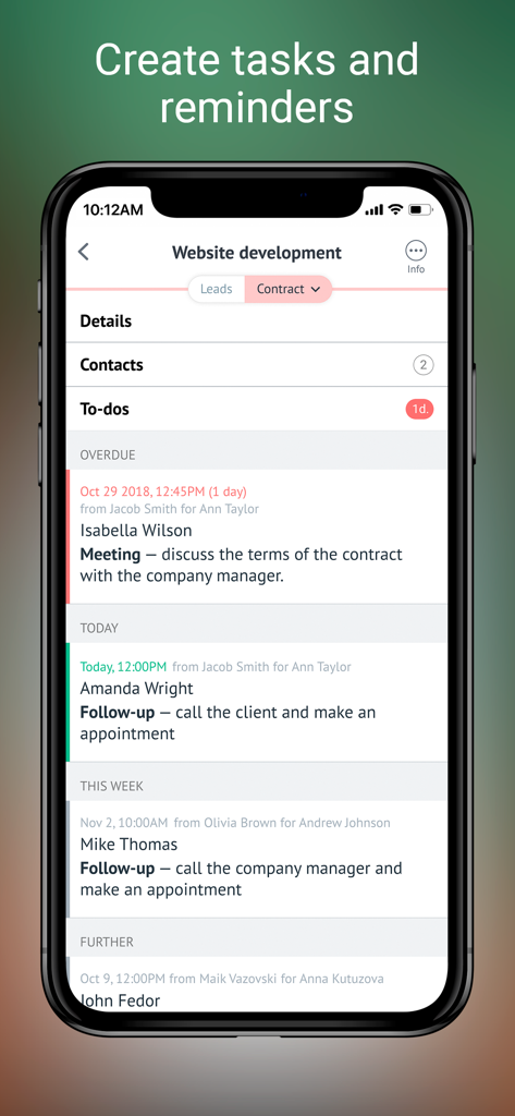amoCRM 2.0 - amoCRM 2.0モバイルアプリのタスク管理とリマインダーインターフェース。