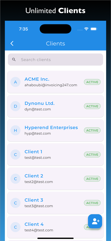 Invoicing 24 7 app screen displaying a list of active business clients