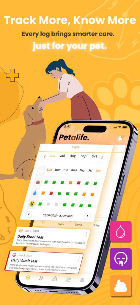 Petalife App-Oberfläche mit Gesundheits-Protokollen für Haustiere und einem Kalender zur Verfolgung von Stuhl und Erbrochenem