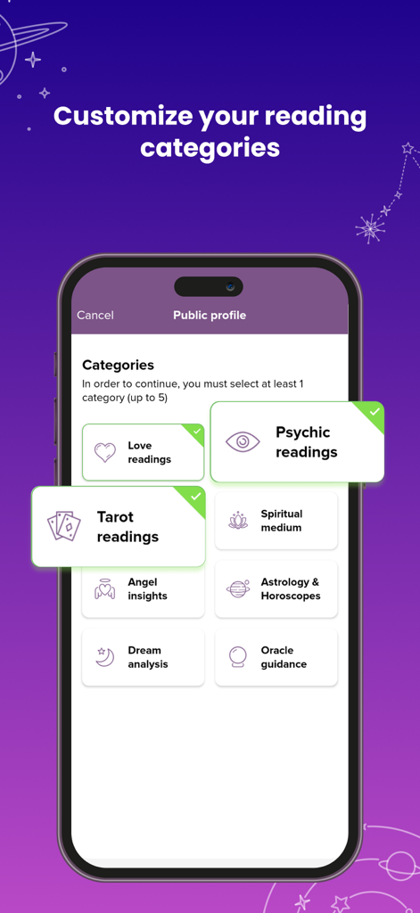 Interface for choosing reading categories like Tarot and Psychic readings on the Purple Advisors app