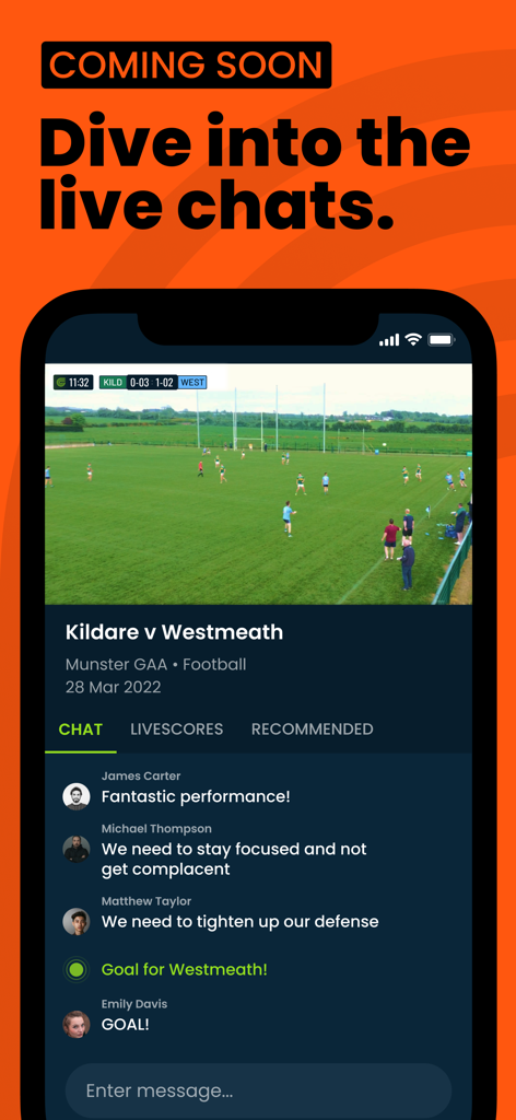 Clubber TV - Clubber TV mobile app showing a live GAA football match with an integrated fan chat section.