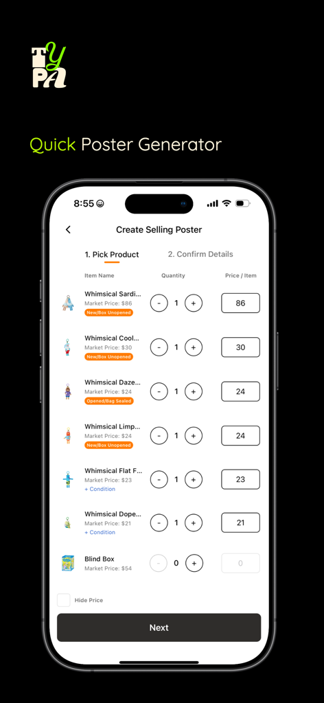 TYPA - Restock Alerts - Screenshot of the TYPA app showing the Quick Poster Generator interface to list and price collectible items for sale.