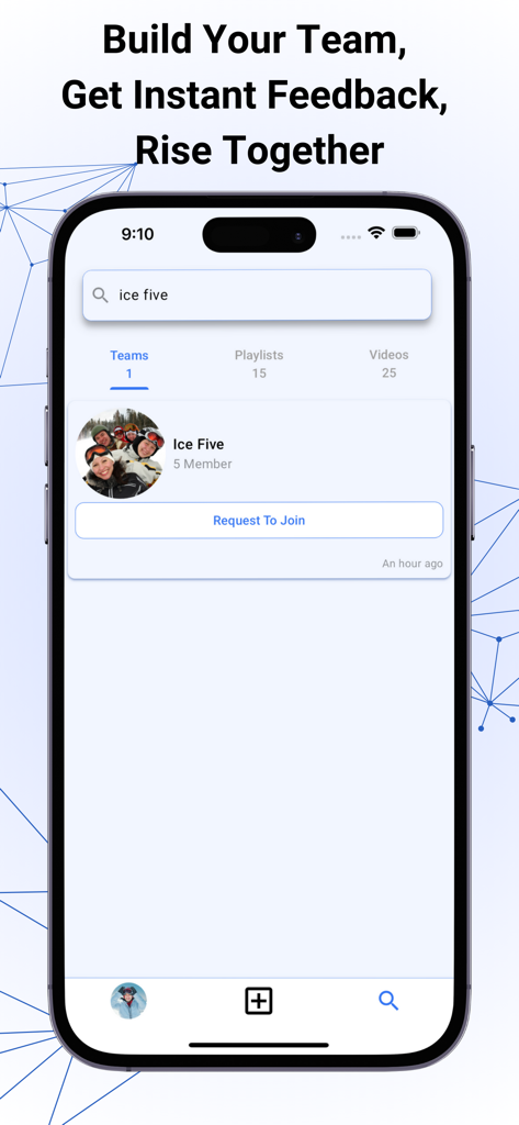 Sprongo - Interface of Sprongo app showing the team search result for a group named Ice Five with an option to request to join.