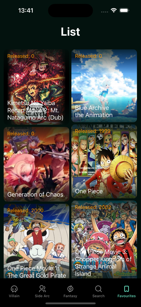 Anilyme © - Anilyme app interface showing a list of favorited anime such as One Piece and Demon Slayer.