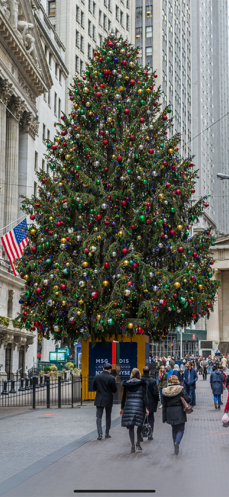 Sound Touch-Christmas (School) - A large decorated Christmas tree in front of the New York Stock Exchange