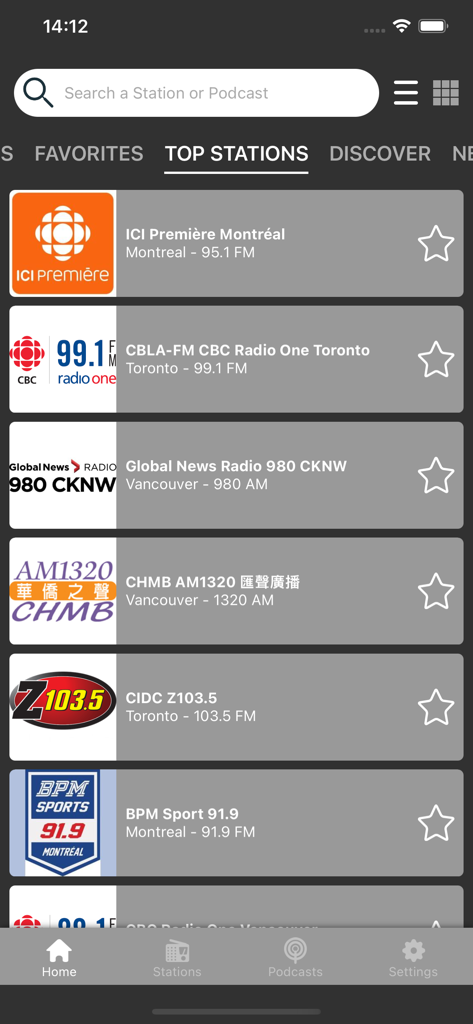 Interface of the Radio Canada app displaying a list of popular Canadian radio stations like CBC and ICI Premiere