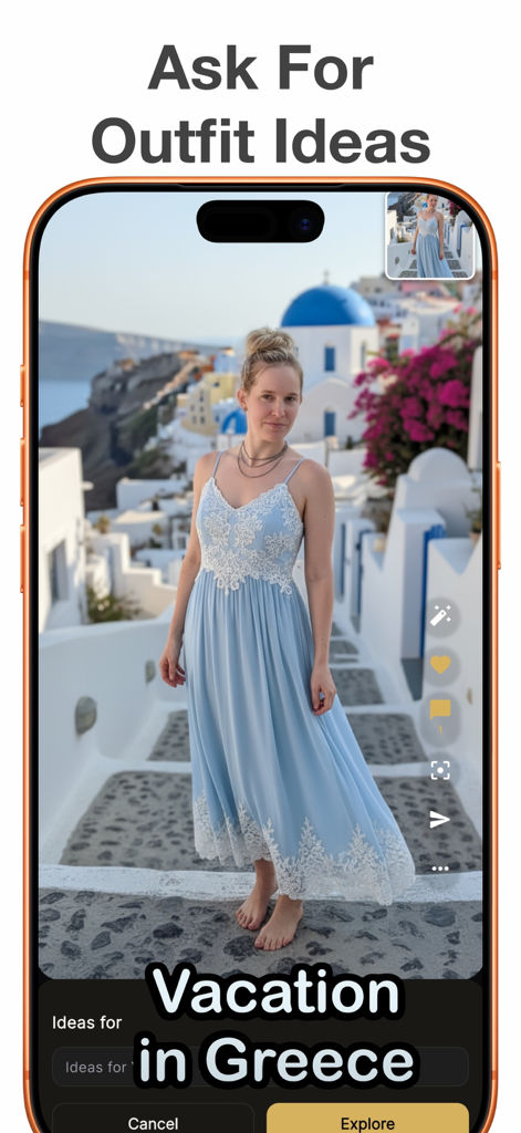 Outfit Generator - Vinchy - A woman virtually trying on a light blue lace dress for a Greece vacation using the Vinchy AI fashion app