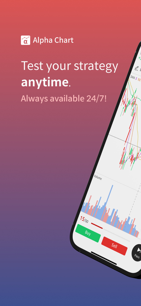 Interface de l'application mobile Alpha Chart montrant un simulateur de trading boursier avec des graphiques en chandeliers et des boutons d'achat et de vente