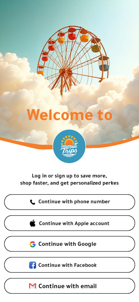 Écran de connexion de l'application Trips.eg présentant une grande roue colorée dans les nuages et diverses options de connexion sociale.