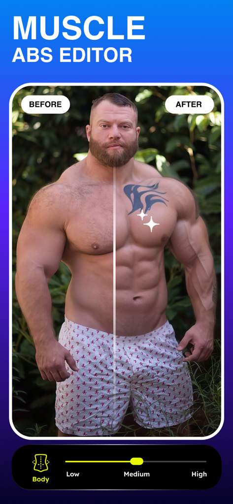 Body Editor: Slim & Muscle App - Before and after comparison of muscle and abs editing on a man's body