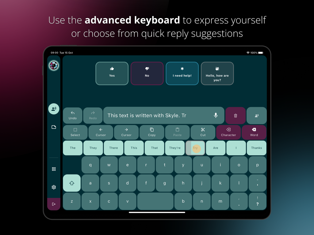 Skyle X - Skyle X advanced AAC keyboard with quick reply buttons and word prediction on an iPad