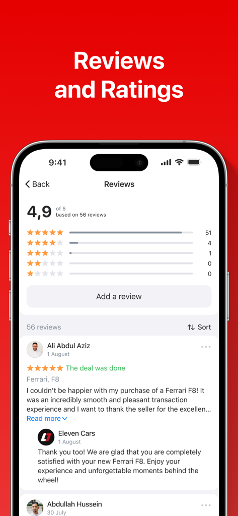 AUTO.AE: Buy & Sell Cars - A mobile app interface displaying user reviews and star ratings for car buyers and sellers
