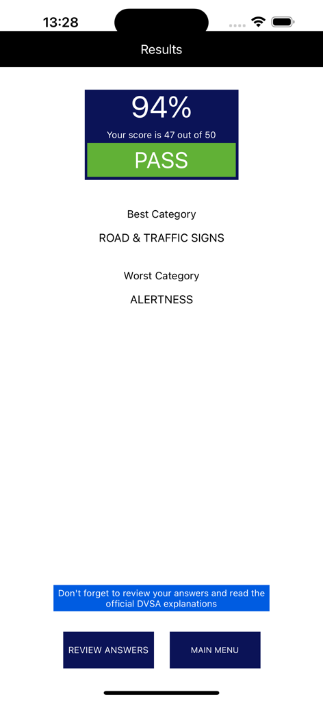 Mock test result screen showing a pass score of 94 percent for the UK driving theory test.