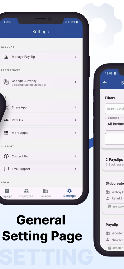 Screenshot showing the settings page of the Payslip Maker app with options for account management and currency selection