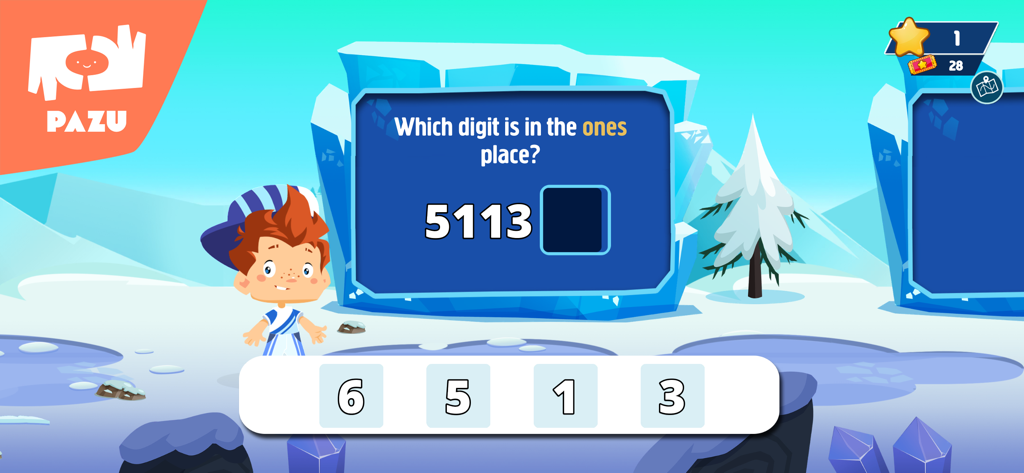 Math Games For Kids - Grade 3 - A 3rd grade math game screen asking the child to identify the digit in the ones place for the number 5113
