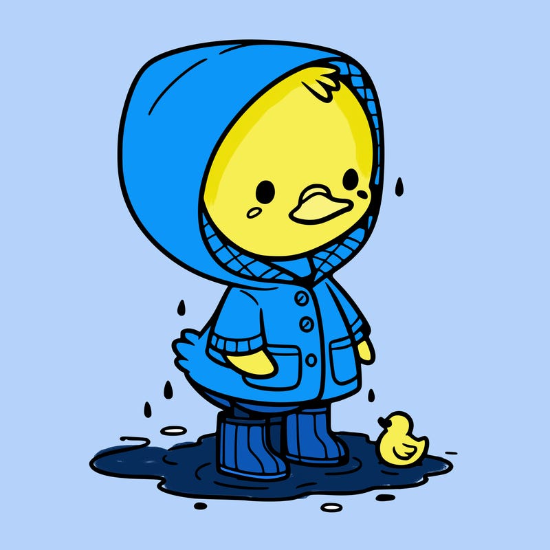 baby duck in a rain coat and boots, in a puddle while it’s raining