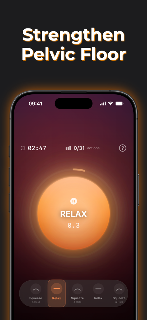 Kegel Men: Pelvic Floor PFM - Kegel Men app interface displaying a pelvic floor exercise session with relax instruction