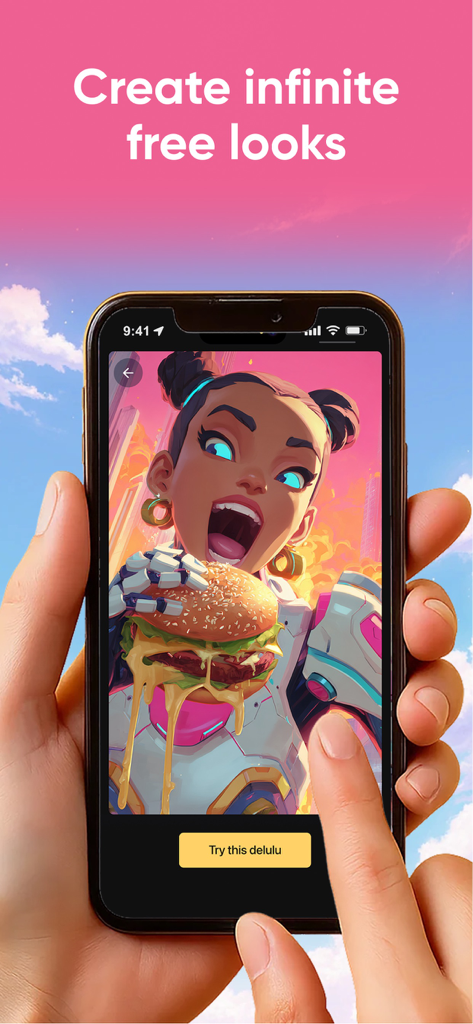 Delulu (by Decart) - Ein Smartphone, das ein KI-generiertes Anime-Porträt eines Mädchens zeigt, das einen Burger in der Delulu-App isst