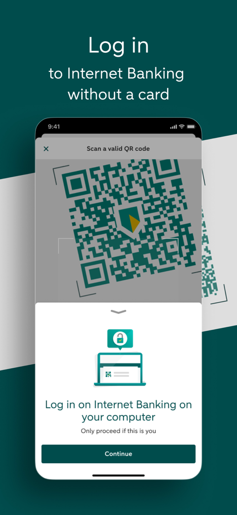 Uma tela de aplicativo móvel mostrando um scanner de código QR para login bancário pela internet sem cartão.