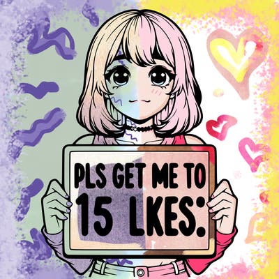realistic girl holding up a sign that says “pls get me to 15 likes!”