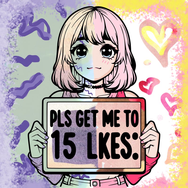 realistic girl holding up a sign that says “pls get me to 15 likes!”