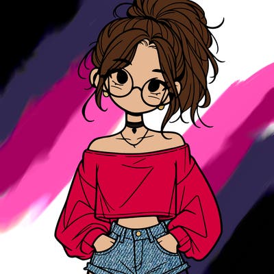 girl with a messy ponytail glasses a baggy crop top and jean shorts