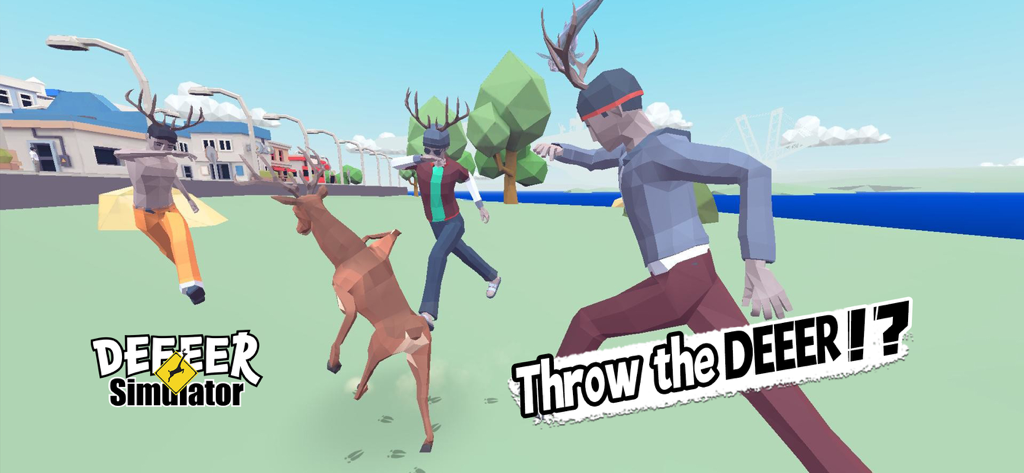 DEEEER Simulator: Modern World - Screenshot de jogabilidade de DEEEER Simulator Modern World com um cervo e personagens com galhadas num ambiente de cidade low-poly