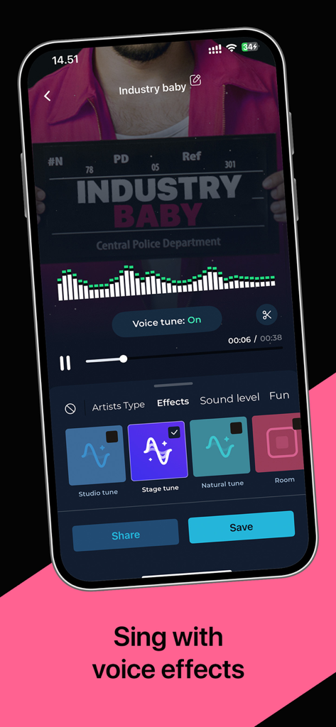 Volmix | Music Maker & Beats - Pantalla de smartphone mostrando efectos vocales y opciones de afinación de voz en la app de música Volmix