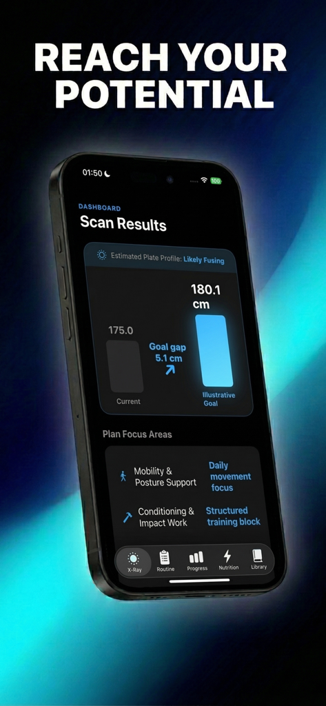 A smartphone screen displaying the Scan Results dashboard of the Grow Tall app, showing a height goal comparison and focus areas for growth.